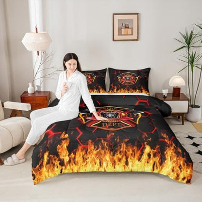 Fire Fighting Kids Comforter Set Twin Size,Fire Fighting Truck Tool Flame Bedding Set,Boys Girls Adults Room Decor,Geometric Honeycomb Hexagon Down Comforter,Red Black Duvet Insert,1 Pillowcase