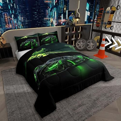 Extreme Sports Car Bed for Boys Green Race Car Comforter Twin Size Kids Racing Cars Quilt Set Boys Room Decor Cool 3D Cars Birthday Decorations for Toddler With 1 Pillow Cases Bedroom Decor-Soft Cozy