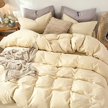 MooMee Duvet Cover Set 100% Washed Cotton Linen Like Queen