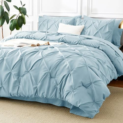 CozyLux King Size Comforter Set Light Blue, 7 Pieces Pintuck Bed in a Bag