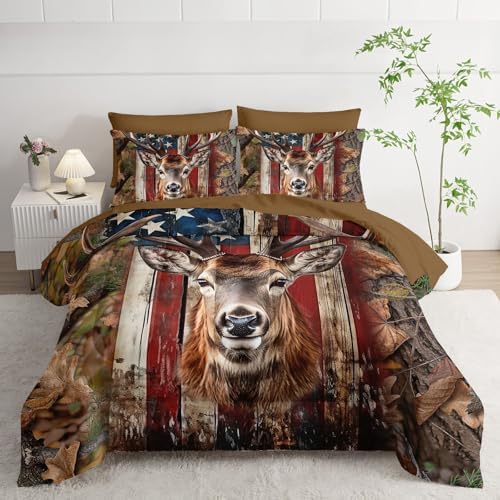 7Pcs Comforter Set American Flag Deer Printed Bedding Set with 1 Comforter, 1 Flat Sheet, 1 Fitted Sheet and 4 Pillowcases for Boys and Girls Bedroom All Season(Deer Full)