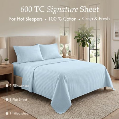 Threadmill 600TC Cotton Full Sheet Set, Sateen, Damask Stripe, Blue