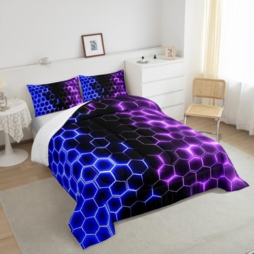 Feelyou Blue Purple Honeycomb Bedding Set Fluorescent Geometric Honeycomb Comforter Set Beehive Hexagon Comforter for Boys Girls Geometric Duvet Set King Size Quilt 3Pcs Boys