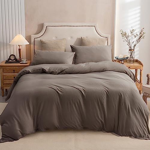 PURE ERA Jersey Knit Duvet Cover Set 100% T-Shirt Cotton Super Soft Comfy 3pc Bedding Set with Zipper Closure (Solid Brown, Queen)