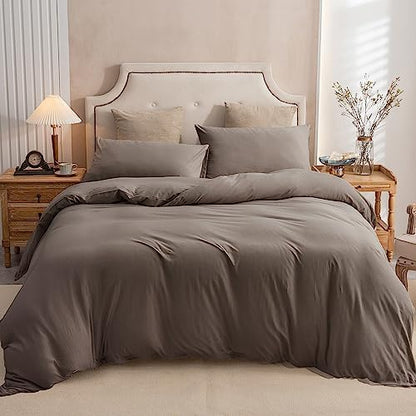 PURE ERA Jersey Knit Duvet Cover Set 100% T-Shirt Cotton Super Soft Comfy 3pc Bedding Set with Zipper Closure (Solid Brown, Queen)