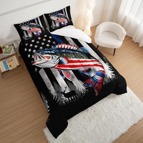 HOSIMA Soft Microfiber Black Twin Comforter with 2 Pillowcases,American Flag Striped Bass Pattern Twin Bedding Sets,Fishing Comforter Kids Men Boys Room Decor,Twin Bed in a Bag for Teens.