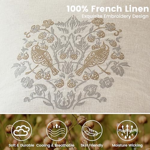 Simple&Opulence 100% Linen Euro Shams 26'' x 26'' Pack of 2, Embroidery Rosefinch Design Natural Flax Farmhouse Decorative Square Throw Pillow Covers for Bed Couch Sofa - Linen