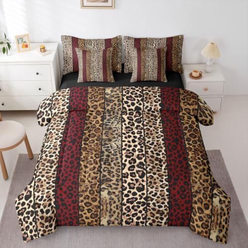 Erosebridal Red and Brown Leopard Print King 7-Piece Comforter Set for Men Women Adults - African Cheetah Printed Bedding Set with Sheets Wild Safari Animal Bed in a Bag Modern Leopard Print Bed Sets