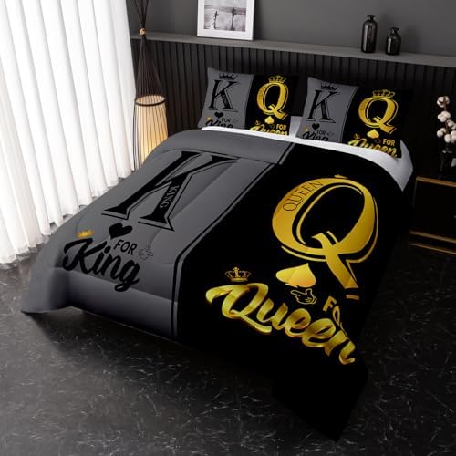 Nttopship King and Queen Crown Comforter Set Black and Gray Couple Bedding Set，3Pcs Mr Mrs Comforter Set for Adults Couple Men Women,His and Hers Quilt Set 2 Pillowcases Bedroom Decor Full