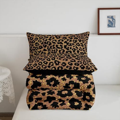 Black Leopard Kids Comforter Set Full Size,Wild Animal Cheetah Skin Dots Bedding Set,Girls Boys Room Decor,Wildlife Golden Glitter Fashion Quilt Comforter,Brown Rustic Duvet Insert,2 Pillowcases
