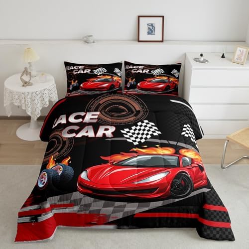 Feelyou Kids Red Race car Comforter Set Full Size Boys Girls