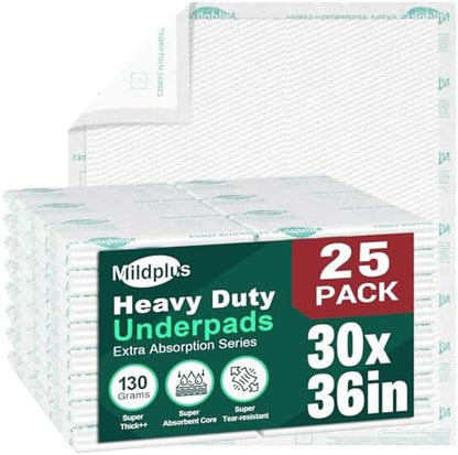 MILDPLUS Heavy Duty Underpads 30"X36", 25 Count, Ultra Absorbent Chucks 130 Grams Tear-Resistant Disposable Bed Pads with Strength Cloth Backing Incontinence Pads for Adults, Kids or Pets