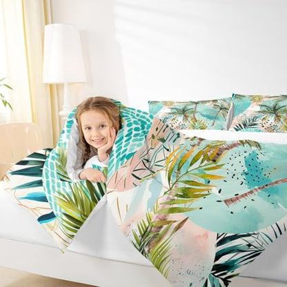 Manfei Tropical Beach Comforter Set King Size, Green Palm Trees Bedding Set 3pcs for Kids Boys Girls Room Decor, Summer Ocean Beach Theme Down Comforter with 2 Pillowcases, No Sheets
