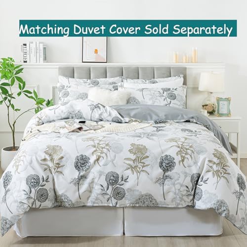 FADFAY King Size Sheets Percale Cotton Grey Floral Bed Sheets Deep Pocket Fitted Sheet, Luxury Ink Vintage Grey Hydrangea Printed Shabby White Bedding for All Season, Super Soft Crisp & Cool, 4 Pcs