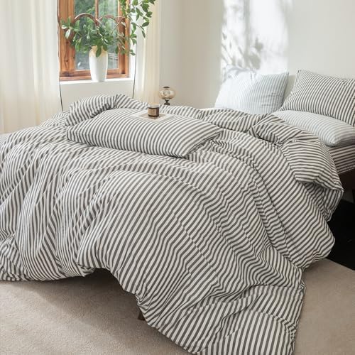 FOSSA Striped Duvet Cover Set Washed Cotton Linen Feel Oversized King Plus