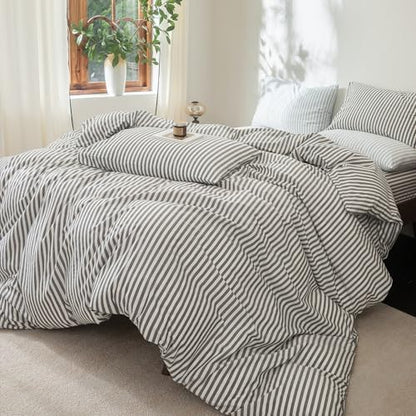 FOSSA Striped Duvet Cover Set 100% Washed Cotton Linen Feel Oversized King