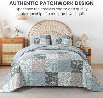 SLPR - Wildflowers Blue Floral Patchwork Cotton Quilt Set, Queen, 2 Shams