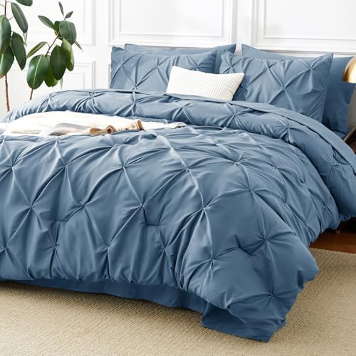 CozyLux King Comforter Set Grayish Blue, 7 Pieces Pintuck Bed in a Bag