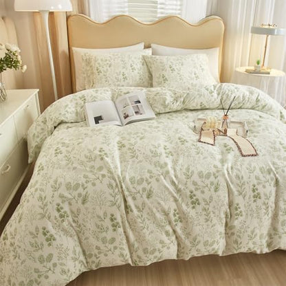 mixinni Girls Boho Green Floral Duvet Cover Set Twin Size Cotton Soft Aesthetic Cute Flowers Leaves Pattern Bedding Comforter Cover, 1 Queen Duvet Cover with 2 Pillowcases for All Seasons