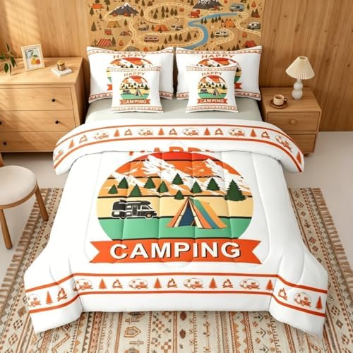 Erosebridal Camper Decor Comforter Set with Sheets Happy Camping King Size 7 Piece Bedding Set Rv Travel Trailer Bed in A Bag for Kids Teens Adult Bedroom Vintage Rustic Farmhouse Bed Sets, Orange