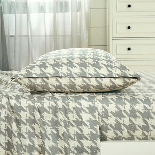 Chezmoi Collection 4-Piece Lodge Plaid Sheet Set Full - Gray Houndstooth Printed Brushed Microfiber Lightweight Breathable Deep Pocket Bed Sheets