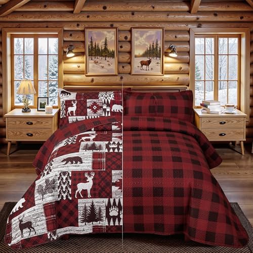 Tritard 3 Piece Christmas Plaid Quilt Sets King Size Bedding Set, Red Bear