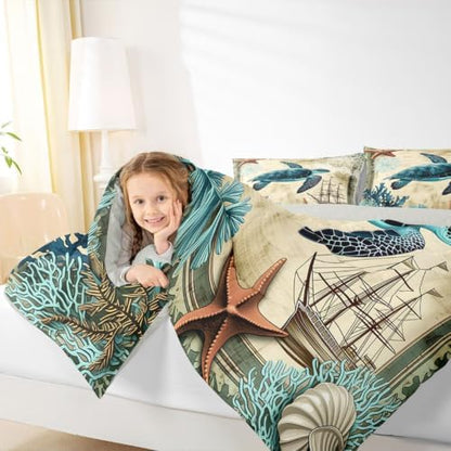 Erosebridal Turtle Bedding Teal Turtle Comforter Set Turquoise Ocean Themed Mediterranean Style Printed Design Ocean Turtle Down Comforter Quilted Duvet Set Full Size 1 Comforter 2 Pillowcases