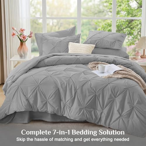 JOLLYVOGUE Queen Comforter Set 7 Pieces - Bed in a Bag Queen for All Season, Pintuck Bedding Comforter Sets with Comforter, Flat Sheet, Fitted Sheet and Pillowcases & Shams, Light Grey