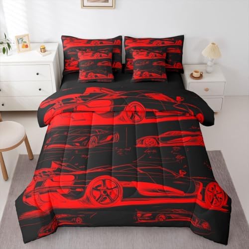 Feelyou Red Race Car Comforter Set with Sheets 7 Piece Queen Size Speed Sports Car Bed in a Bag Kids Boys Girls Extreme Sports Bedding Set Bedroom Decor Breathable Soft Lightweight Microfiber