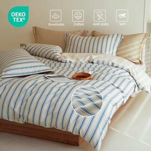 Comforter Queen Size - 100% Cotton Beige and Blue Striped Reversible Comforter Set, Hypoallergenic and Breathable Bedding Set for All Season, 3 Pieces, 90"x90"