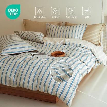 Comforter Queen Size - 100% Cotton Beige and Blue Striped Reversible Comforter Set, Hypoallergenic and Breathable Bedding Set for All Season, 3 Pieces, 90"x90"