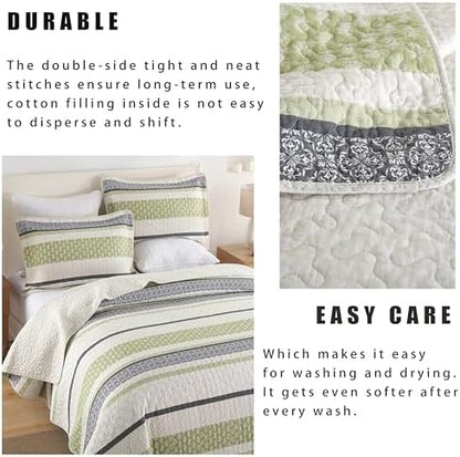 Homzard Quilts Queen Size,Cotton Queen Comforter Set,Green Beige Grey Quilt Bedspread Set,Striped Bedding,Cotton Lightweight Bed Comforter All Season 3 Piece
