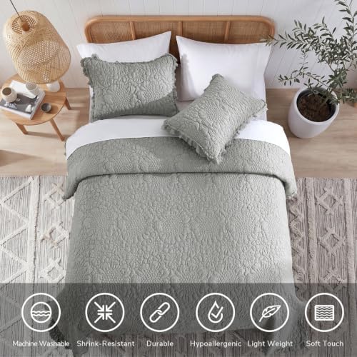 HORIMOTE HOME Dark Grey Ruffled Quilt Queen Size, Stone-Washed Microfiber Lightweight Crinkled Farmhouse Rustic Shabby Chic Bedding Set, 3 Pieces Reversible Bedspread with Pillow Shams for All Season