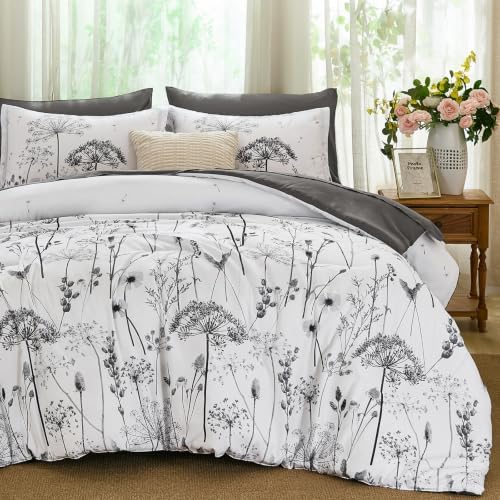 Yiran King Comforter Size Set, 7 Piece Grey Dandelion Floral Bed in a Bag