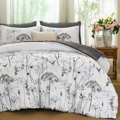 Yiran King Comforter Size Set, 7 Piece Grey Dandelion Floral Bed in a Bag