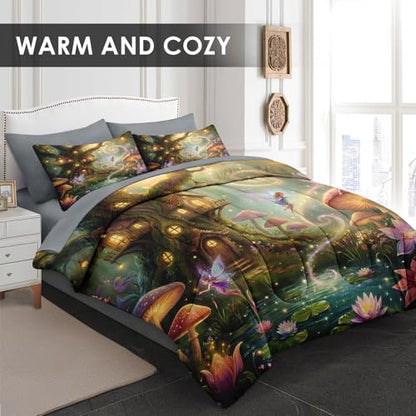 WeCozy King Comforter Set with Sheets, 7 Pieces Fairy Mushroom Bedding