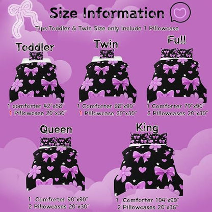jejeloiu Bowknot Comforter Set Twin Size Bow Bedding Set for Kids Boys Girls Black Purple Duvet Quilt Cute Bow-tie Bedroom Decor Microfiber 2 Pcs with 1 Pillow Cases