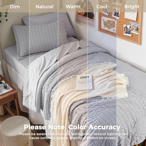 HYMOKEGE Light Grey Twin Comforter Set Seersucker 5 Pieces, All Season Luxury Bed in a Bag for Bedroom, Bedding Set with Comforters, Sheets, Pillowcase & Sham