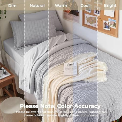 HYMOKEGE Light Grey Twin XL Comforter Set Seersucker 5 Pieces, All Season Luxury Bed in a Bag for Bedroom, Bedding Set with Comforter, Sheets, Pillowcase & Sham