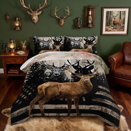 HOSIMA Snowy Forest Deer Comforter Set with 2 Pillowcases,Camo American Flag King Size Comforter Set Hunting Bedding for Teen Mens Bedroom Essentials,Wildlife Elk Comforter Boys Room Decor.