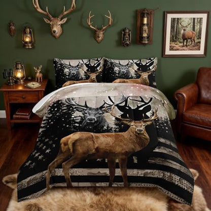 HOSIMA Snowy Forest Deer Comforter Set with 2 Pillowcases,Camo American Flag King Size Comforter Set Hunting Bedding for Teen Mens Bedroom Essentials,Wildlife Elk Comforter Boys Room Decor.