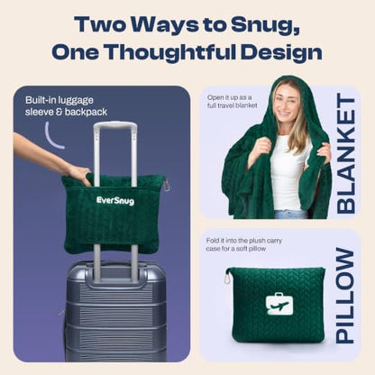 EverSnug Travel Blanket & Pillow 68x42 - Premium Ultra-Soft Microfleece 2 in 1 Compact & Packable Flight Blanket with Soft Bag Pillowcase, Hand Luggage Sleeve and Backpack Clip (Forest Green)