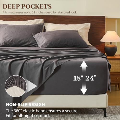 MEISHANG 100% French Linen Sheets Queen,6 Pcs,18-24" Extra Deep Pocket