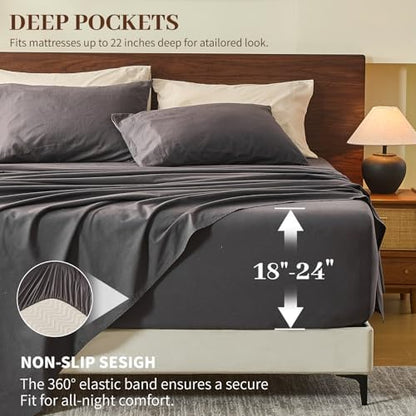 MEISHANG 100% French Linen Sheets Queen,6 Pcs,18-24" Extra Deep Pocket