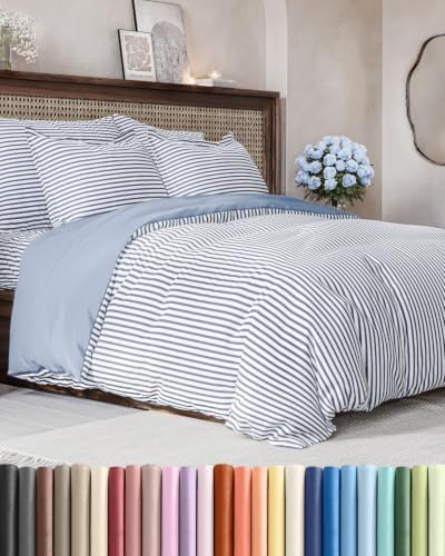 Duvet Cover Full Size - 3 Piece with Zipper Closure - Blue Stripes