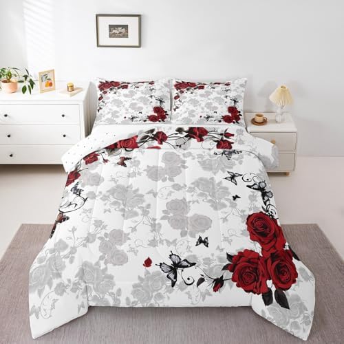 jejeloiu Red Black Rose Comforter Set Toddler Size Kids Vintage Floral Flower Bedding Set Boys Girls Botanical Leaves Duvet Breathable Blossom Plant Quilt Bedroom Decor,1 Comforter with 1 Pillowcase