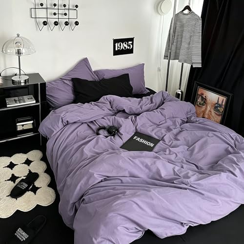 mixinni Solid Purple Duvet Cover Set Queen Size - 100% Washed Cotton 3-Piece Minimalist Bedding Set, Ultra Soft Breathable Solid Color Purple Comforter Cover with Zipper & Corner Ties, Queen Size