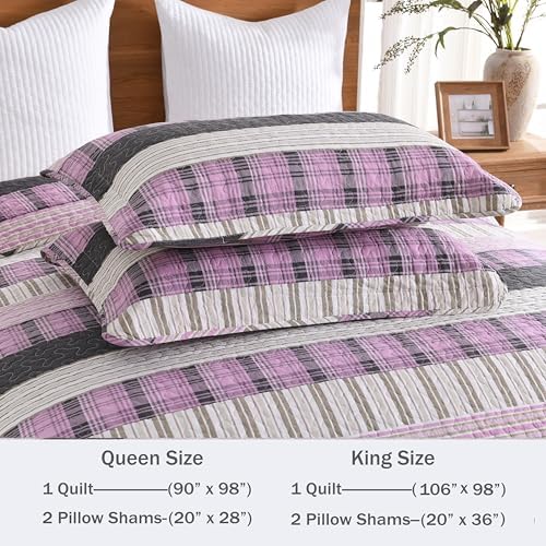 Homzard 100% Cotton King Quilt Bedding Set, Pink Black Striped Plaid King Size Quilt，Lightweight Breathable Vintage Bedspread Set,Reversible Comforter Coverlet Four Season 3 Pieces Bed Set