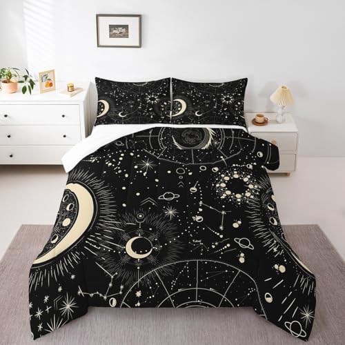Feelyou Sun and Moon Comforter Set Boho Exotic Bedding Set Galaxy Astrology Comforter for Boys Girls Children Teens Bedroom Decor Chic Cute Luxury Zodiac Signs Duvet Set Queen Size Quilt Set