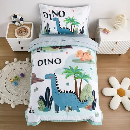 4-Piece Dinosaur Toddler Bedding Set for Boys - Soft & Skin Friendly Toddler Bed Set Includes Toddler Comforter, Flat Sheet, Fitted Sheet and Pillowcase (Mint Green)